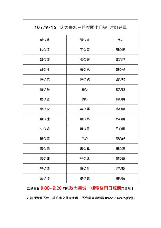 越讀者聯盟9月15日「政大書城主題樂園辦日遊」報名名單