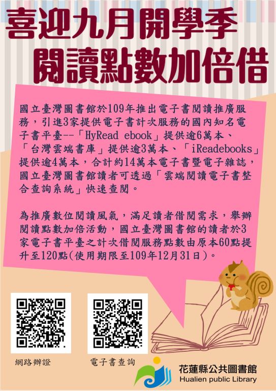 國立臺灣圖書館推動「喜迎九月開學季，閱讀點數加倍借」活動