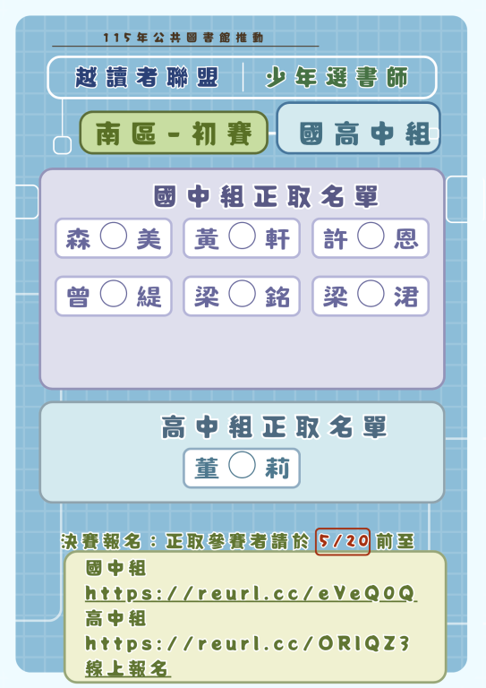 【公告】「115年少年選書師」南區初賽晉級決賽名單正式揭曉！(1)
